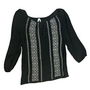 Mudd Black Blouse with White Embroidery